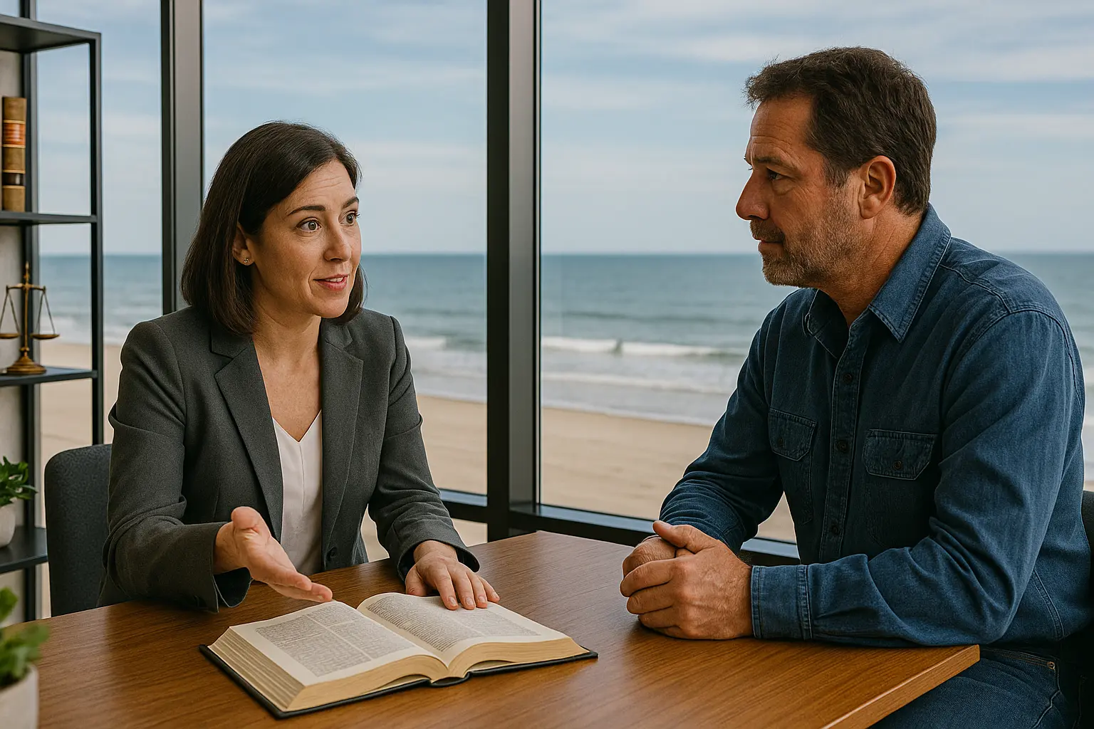 Atlantic City backdrop with an injured client sitting with lawyer in office