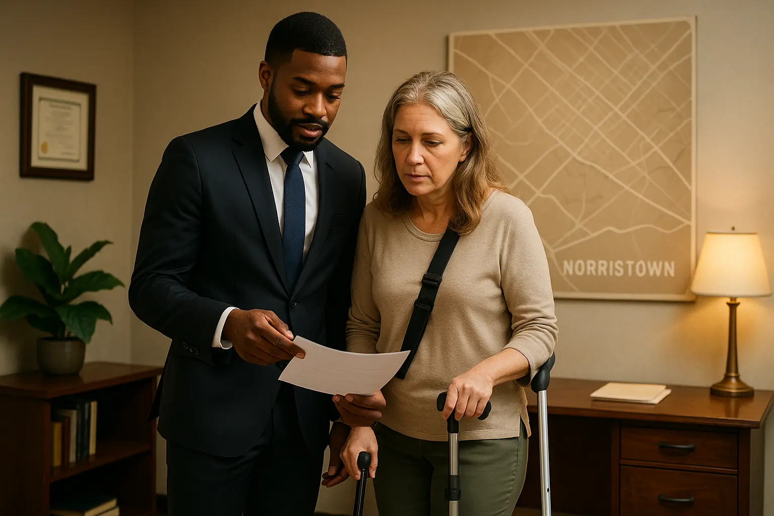 Norristown personal injury lawyer with injured client reviewing paperwork