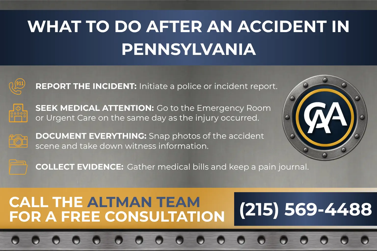 Infographic titled ‘What to Do After an Accident in Pennsylvania.’ Steps: 1) Report the incident; 2) Seek medical attention; 3) Document everything; 4) Collect evidence. Call the Altman Team for a free consultation (215-569-4488).