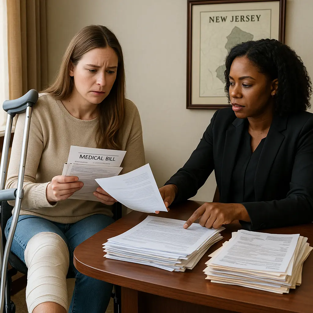 a lawyer sitting with injured victim in new jersey office going through paperwork