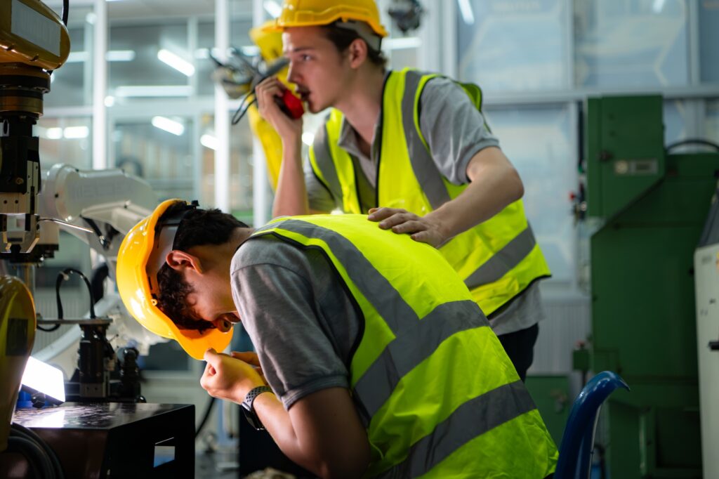 A technician suffers a hand accident while working with a robot arm in a factory