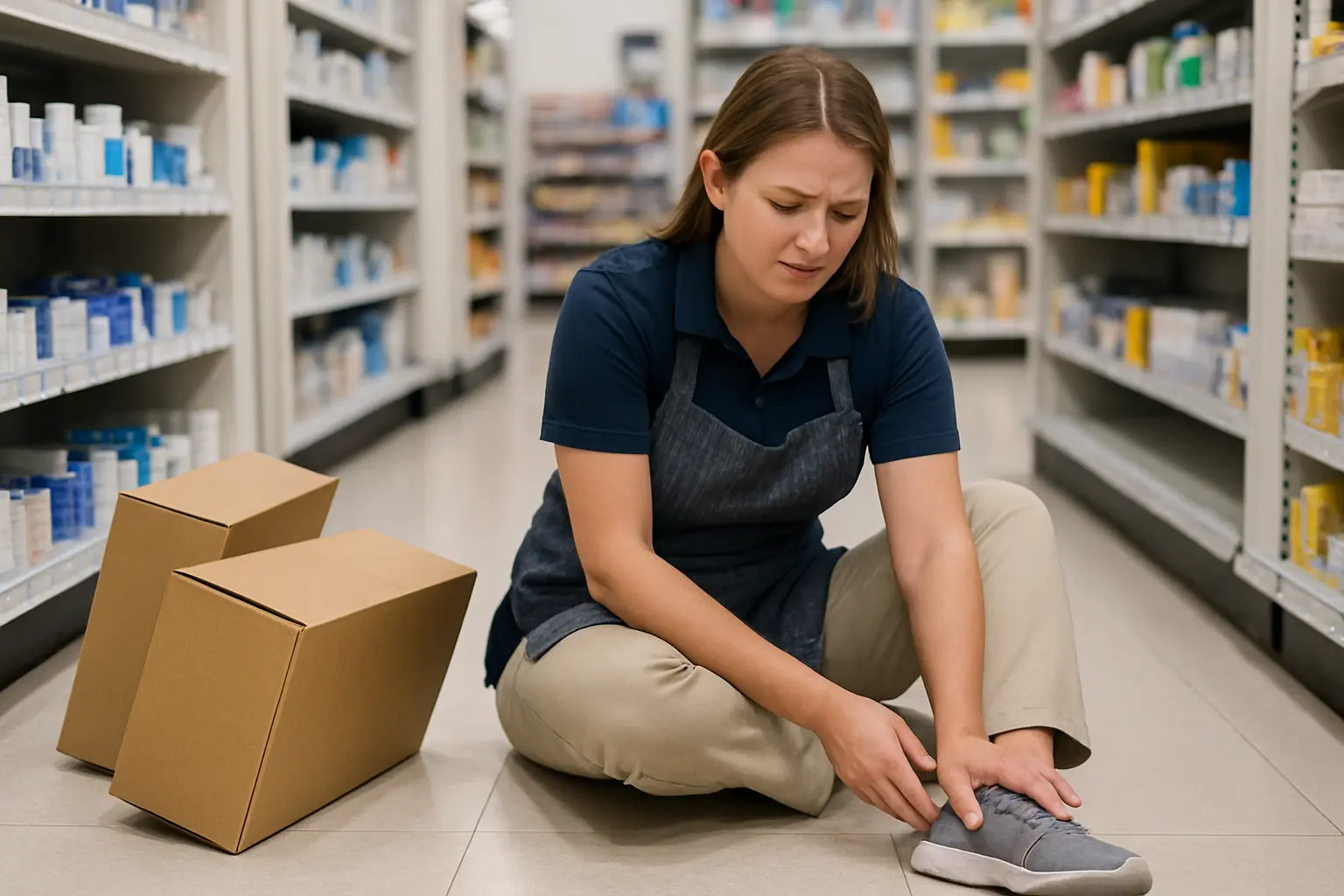 a female retail worker sits on the floor near fallen boxes in mount laurel, NJ