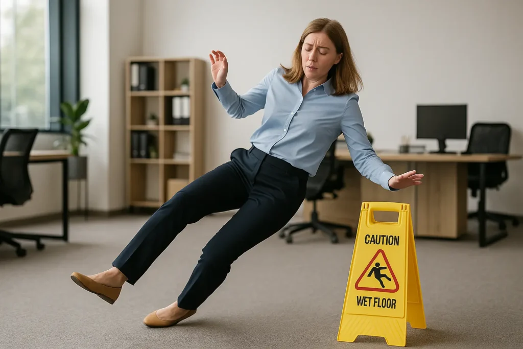 a woman slips near wet floor sign in an office in Cherry Hill