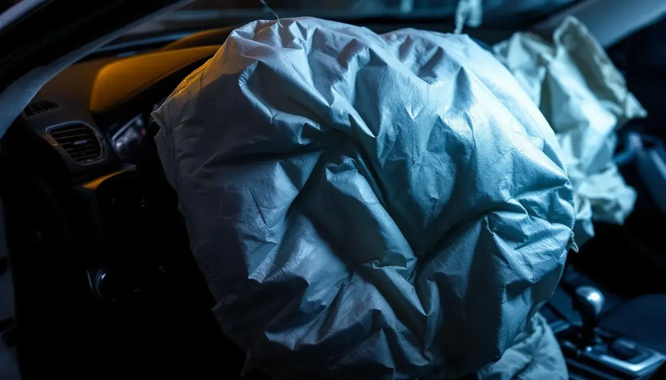 An image depicting a deployed airbag that has failed to inflate properly during a car accident, highlighting potential manufacturing defects. This scenario raises concerns about dangerous or defective products and may lead to product liability claims, particularly in cases involving serious injuries.
