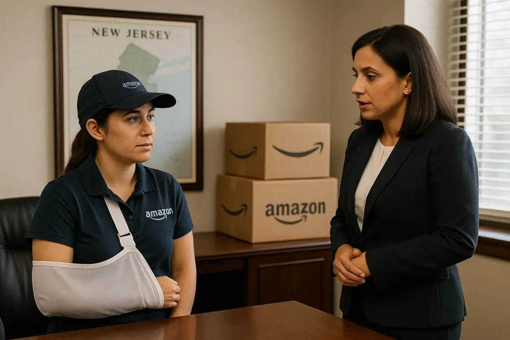 amazon worker injured on the job standing with workers compensation lawyer in new jersey office