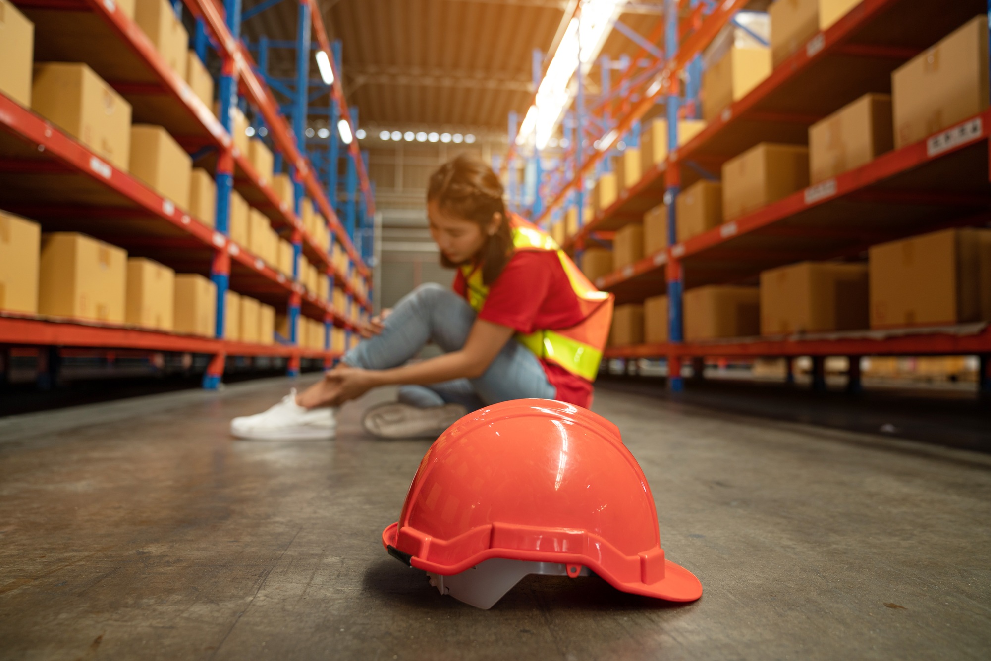 Asian women staff suffering after working injury in warehouse, Injury at work.