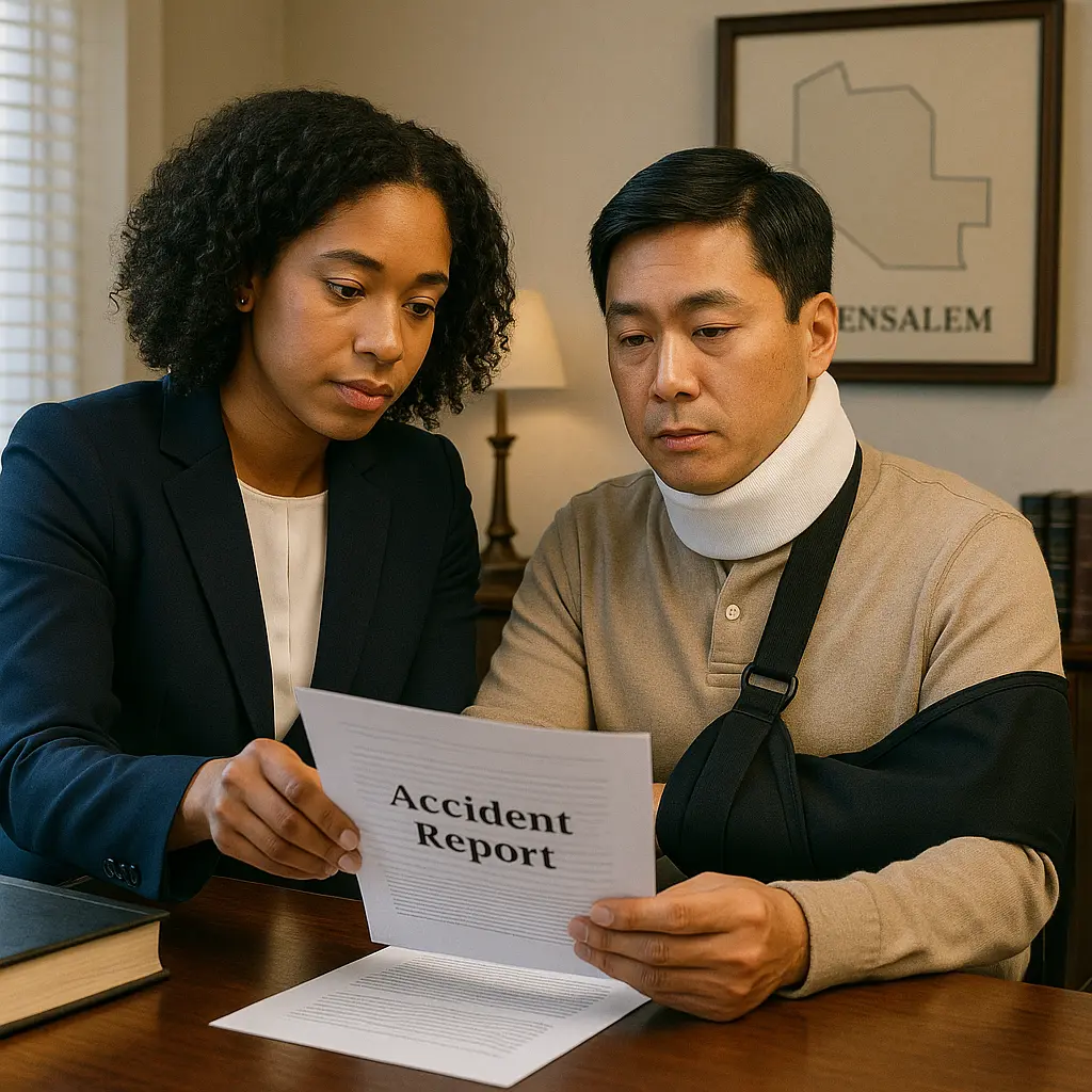 Bensalem personal injury lawyer with injured client looking at accident report