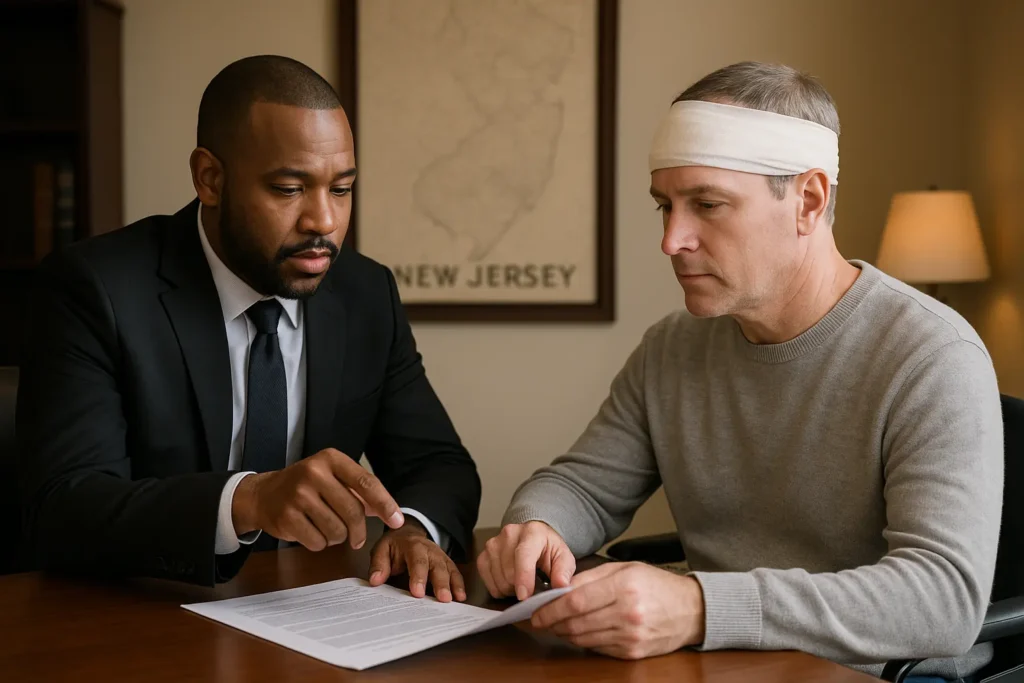 brain injury victim sitting in new jersey office with personal injury lawyer