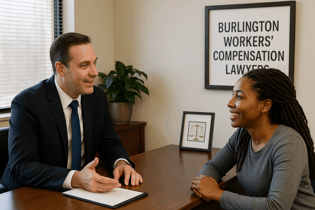 client sitting in office with workers compensation lawyer in Burlington office