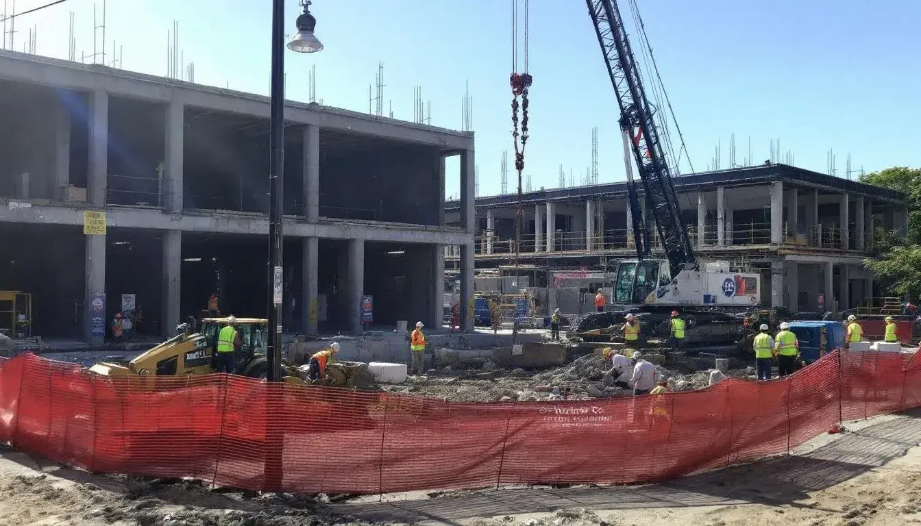 The image depicts a bustling construction site in the Greater Philadelphia region, showcasing various construction workers engaged in tasks amidst heavy machinery and building materials. Safety precautions are visibly emphasized, highlighting the importance of occupational safety in preventing construction accidents and protecting injured workers.
