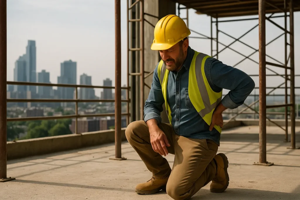construction worker with an injured back on a job site in sky rise in new jersey