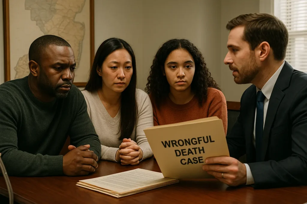 family sitting with wrongful death lawyer in new jersey office