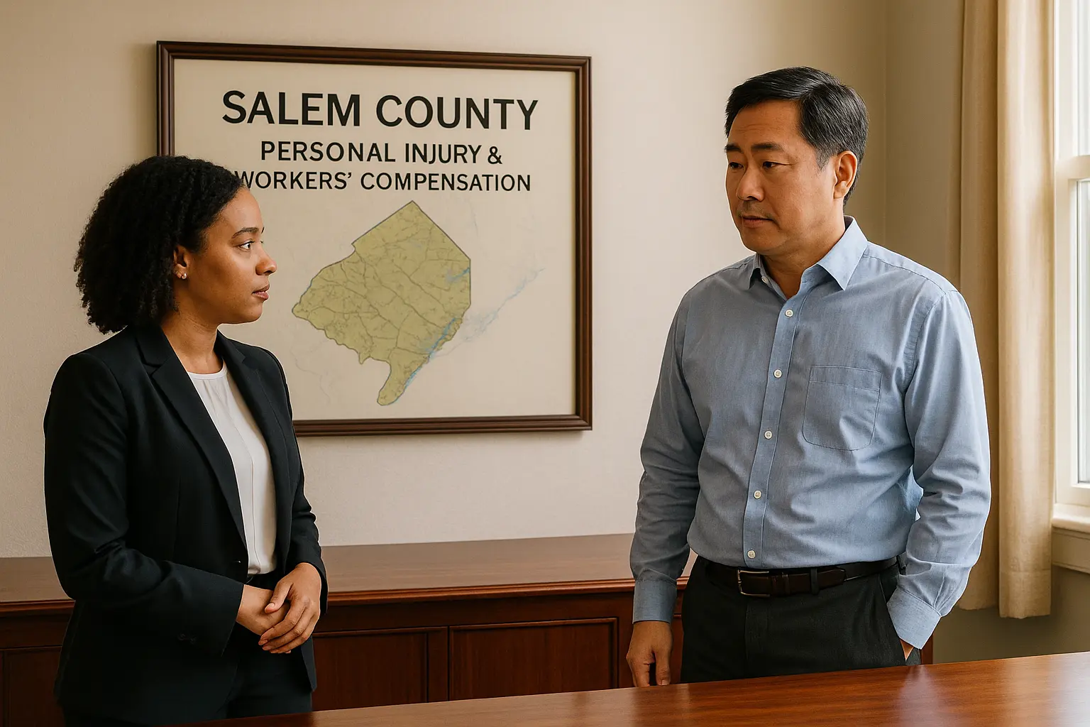 female lawyer standing with personal injury client in salem county law office