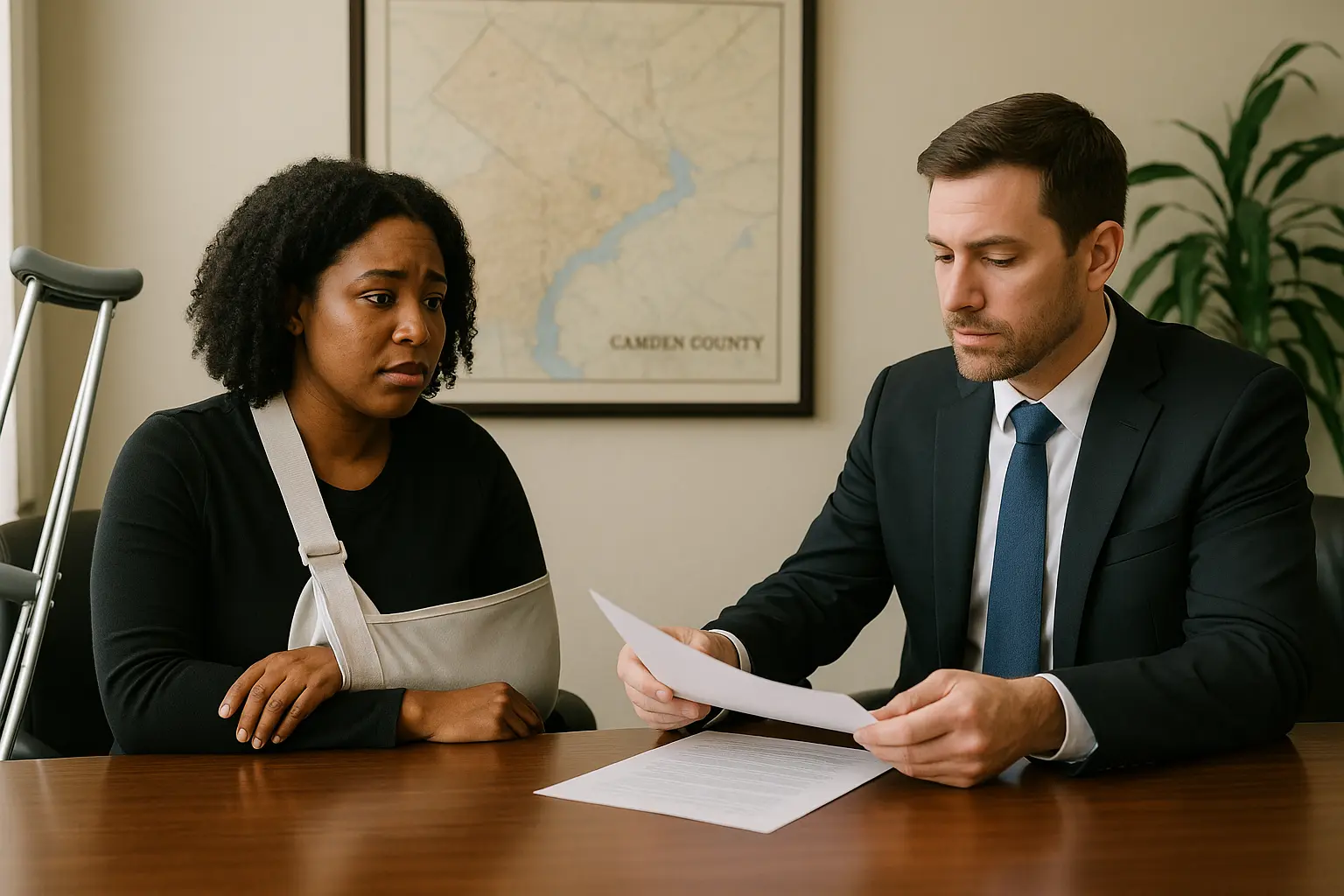 injured client in a Camden county personal injury lawyer's office