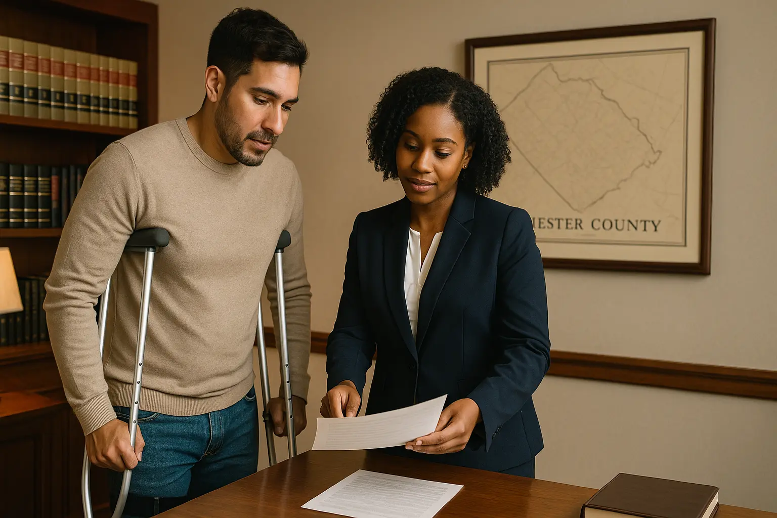 injured client with personal injury attorney in chester county office