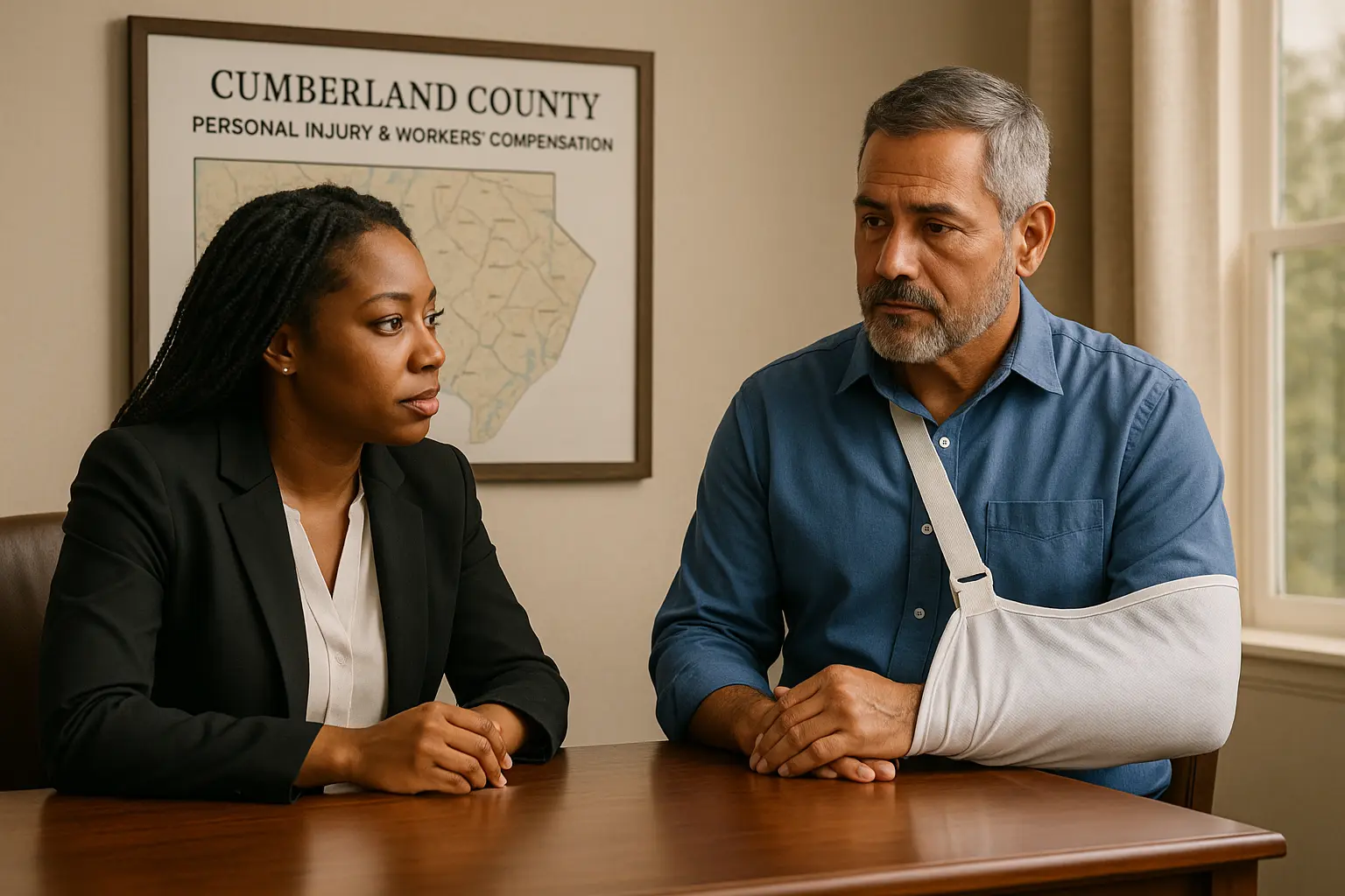 injured man in a female lawyer's office in Cumberland County, NJ