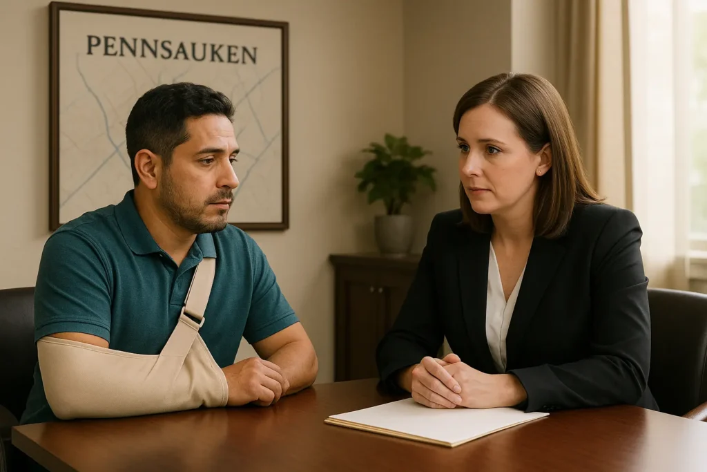 injured man sitting with female lawyer in Pennsauken office