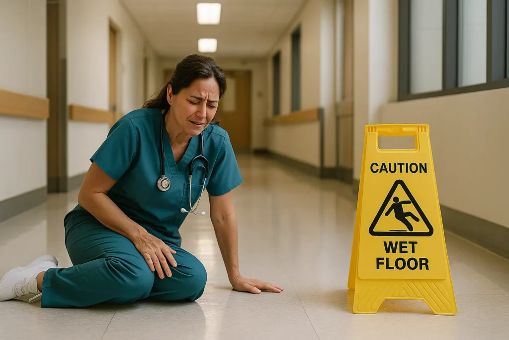 injured nurse slipping near wet floor sign at work in hospital