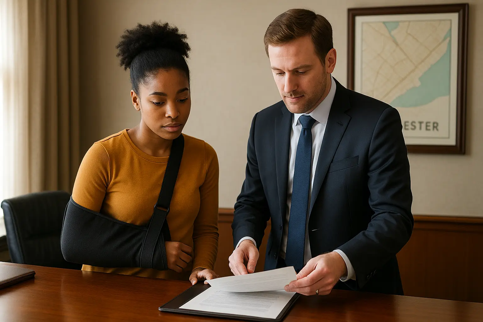 injured woman in sling with chester personal injury lawyer in office