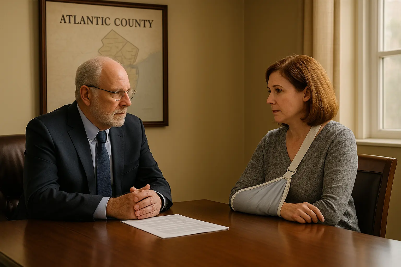 injured woman sitting with Atlantic county personal injury lawyer in office