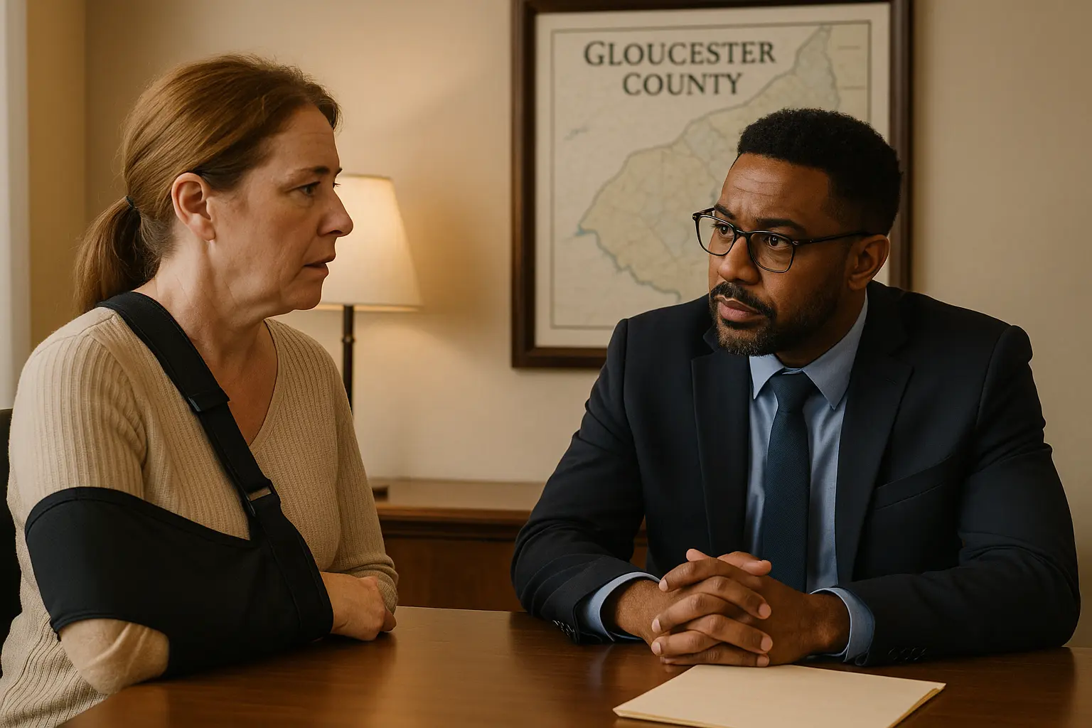 injured woman sitting with personal injury lawyer in Gloucester county office