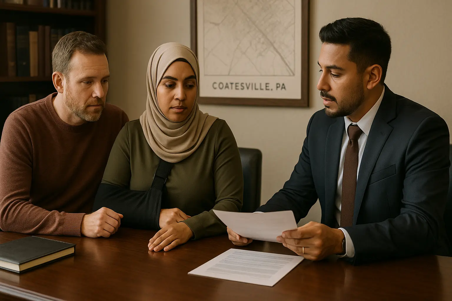 injured woman with husband sitting in Coatesville office with personal injury lawyer