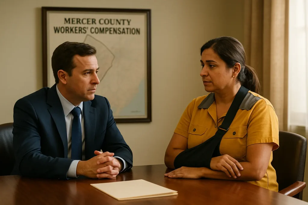 injured worker in mercer county lawyer office with male personal injury lawyer