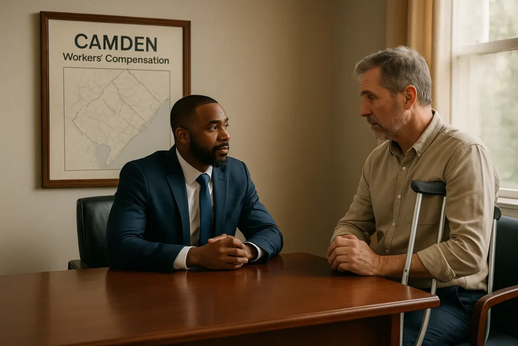 injured worker sitting with lawyer in camden office