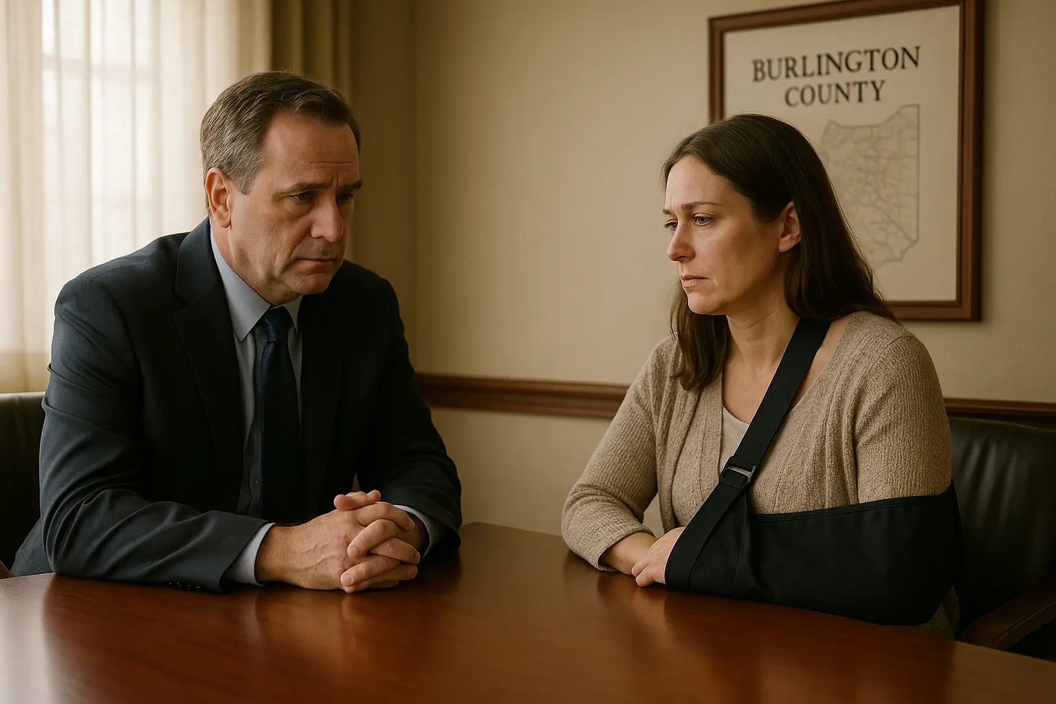 male lawyer sitting with injured woman in Burlington, NJ office