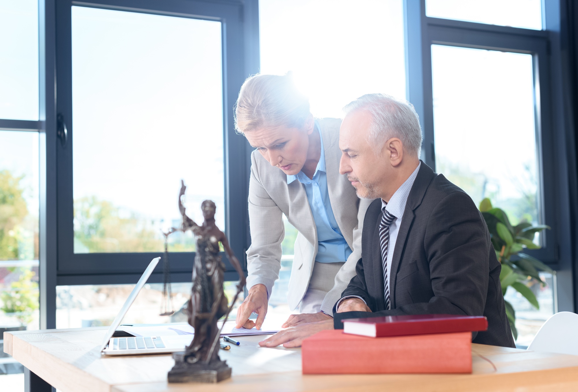 mature lawyers discussing plans at modern workplace