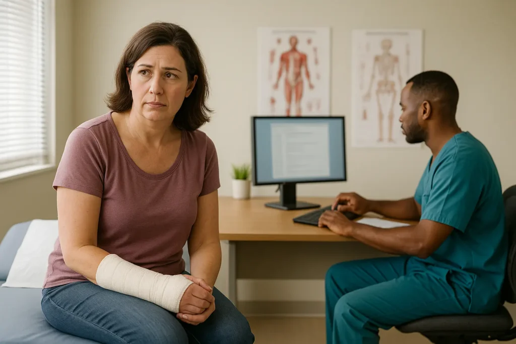 patient looking concerned about medical malpractice with male nurse in background