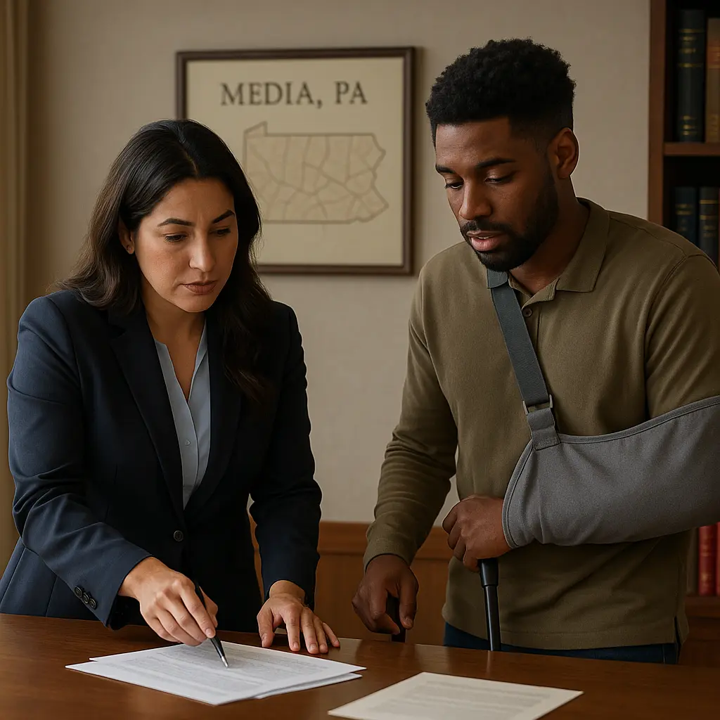 personal injury lawyer and injured client in office in Media, PA