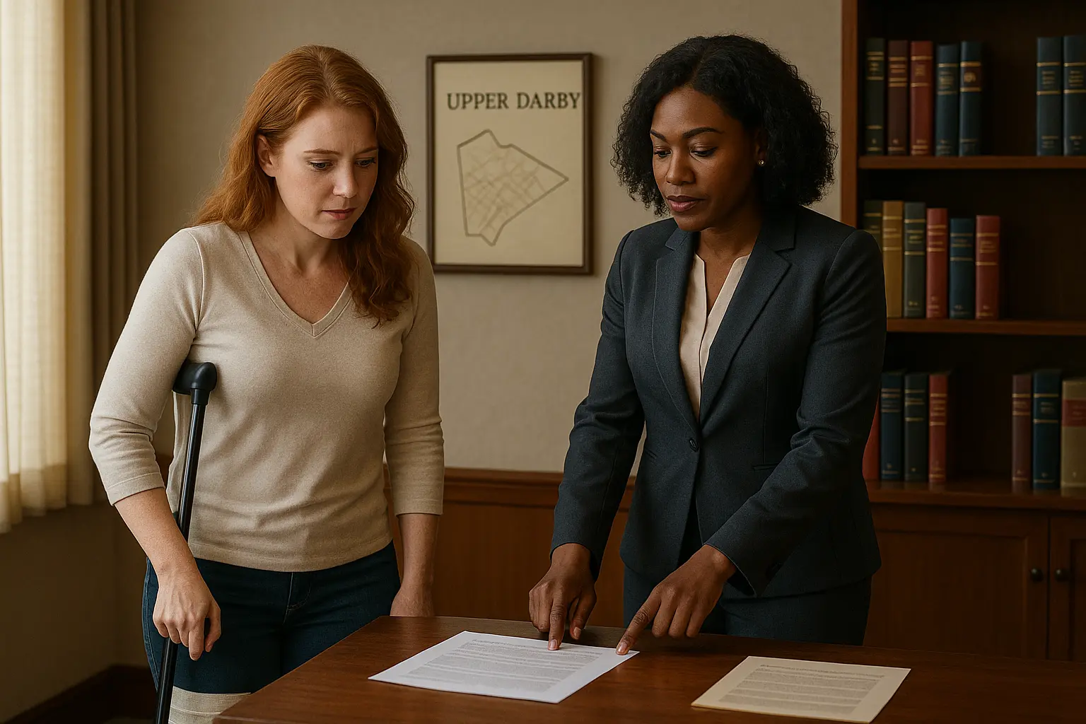 personal injury lawyer and injured client in upper darby office
