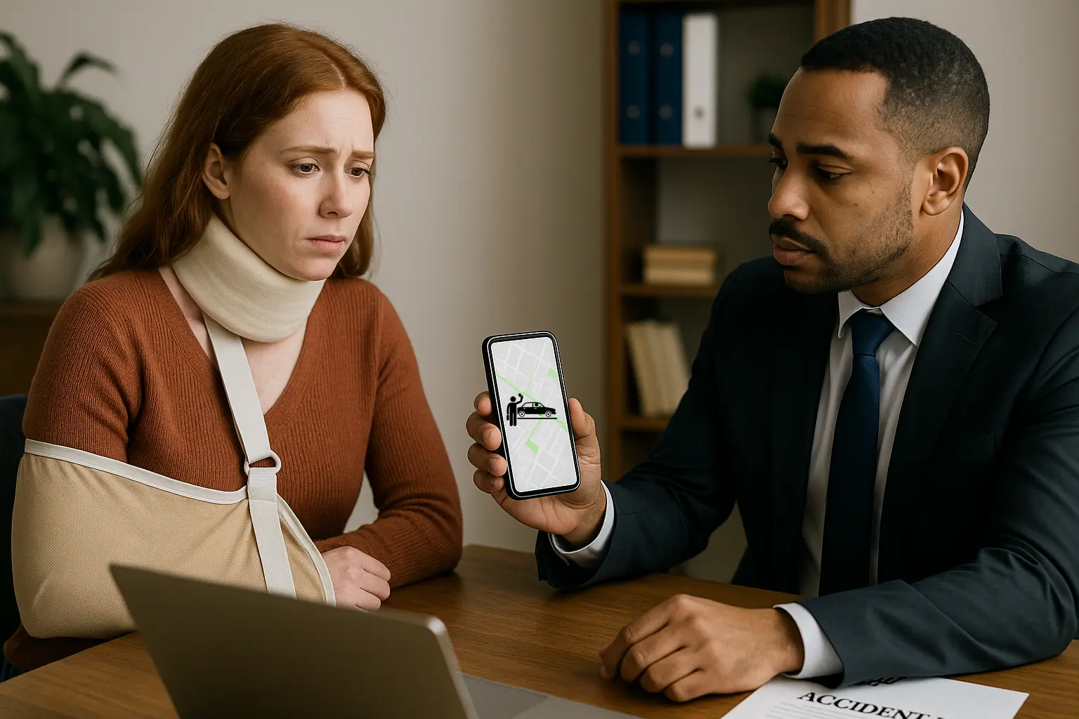 personal injury lawyer and injured client looking at rideshare app on phone in philadelphia office