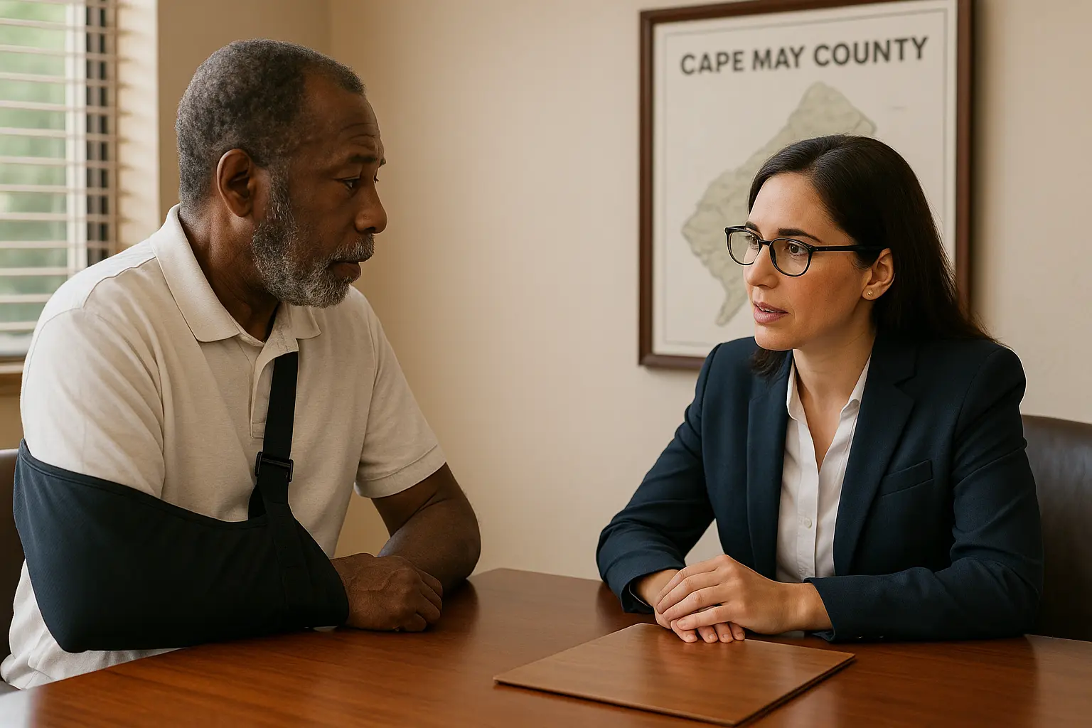 personal injury lawyer with injured client in cape may county office