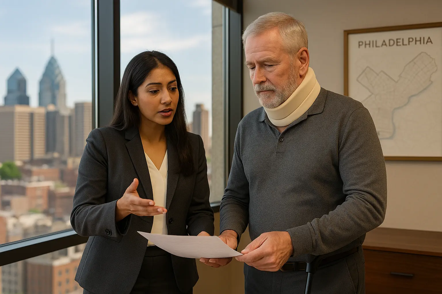 personal injury lawyer with injured victim in office with windows looking out to Philadelphia