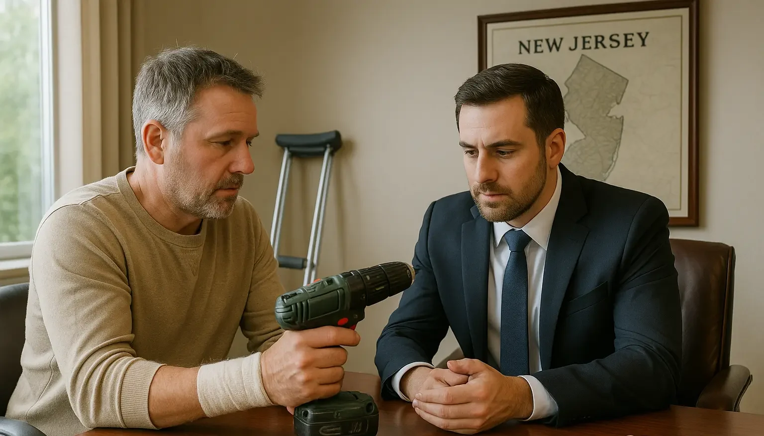 product liability attorney with injured client from power drill in new jersey office