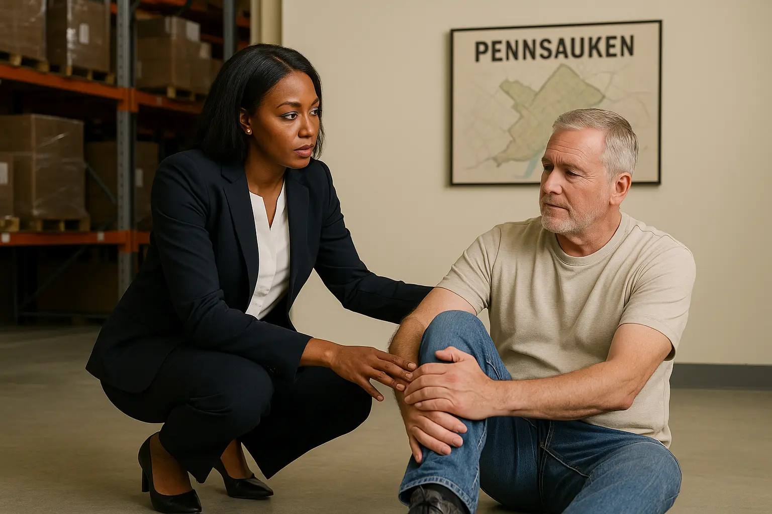 a woman assisting an injured white man on the floor of a warehouse in Pennsauken, NJ