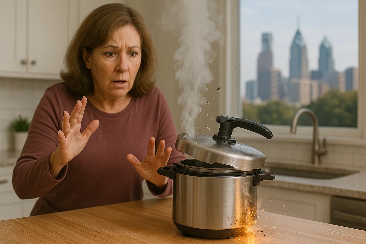 woman getting injured from product liability with Philadelphia skyline out window
