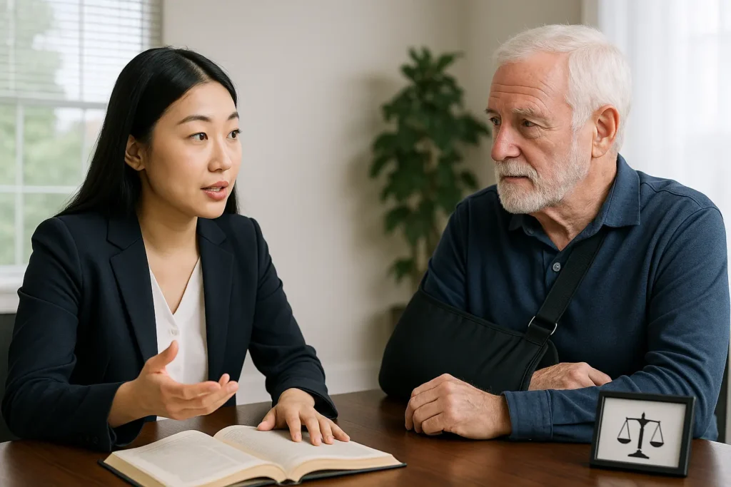 workers compensation attorney sitting with injured client in law office