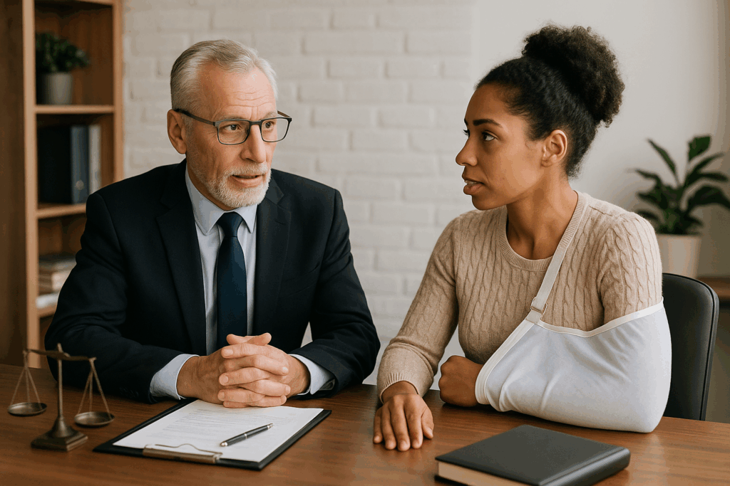 workers compensation attorney sitting with younger injured female in law office
