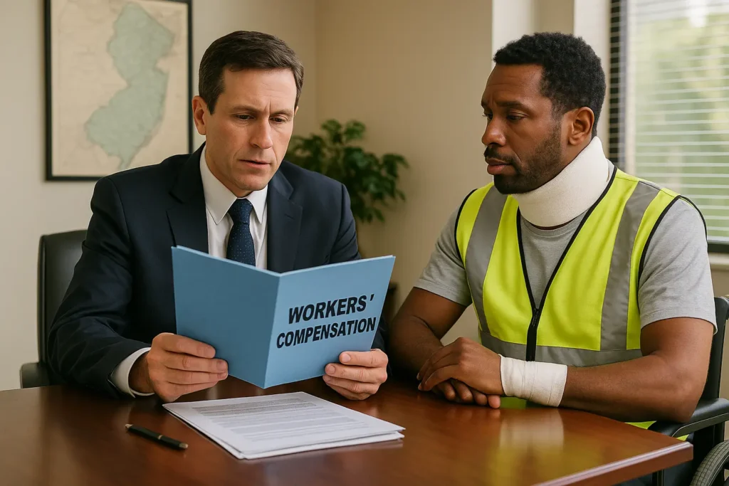 workers compensation attorney with injured client in new jersey office