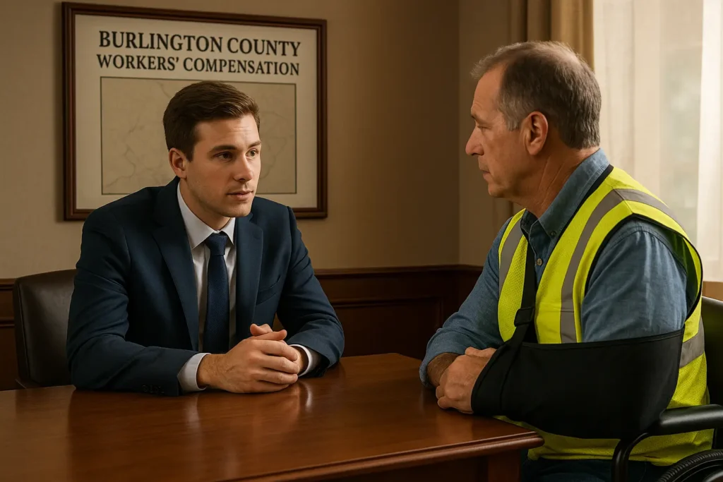 young lawyer and elder man injured on the job in a Burlington county law office