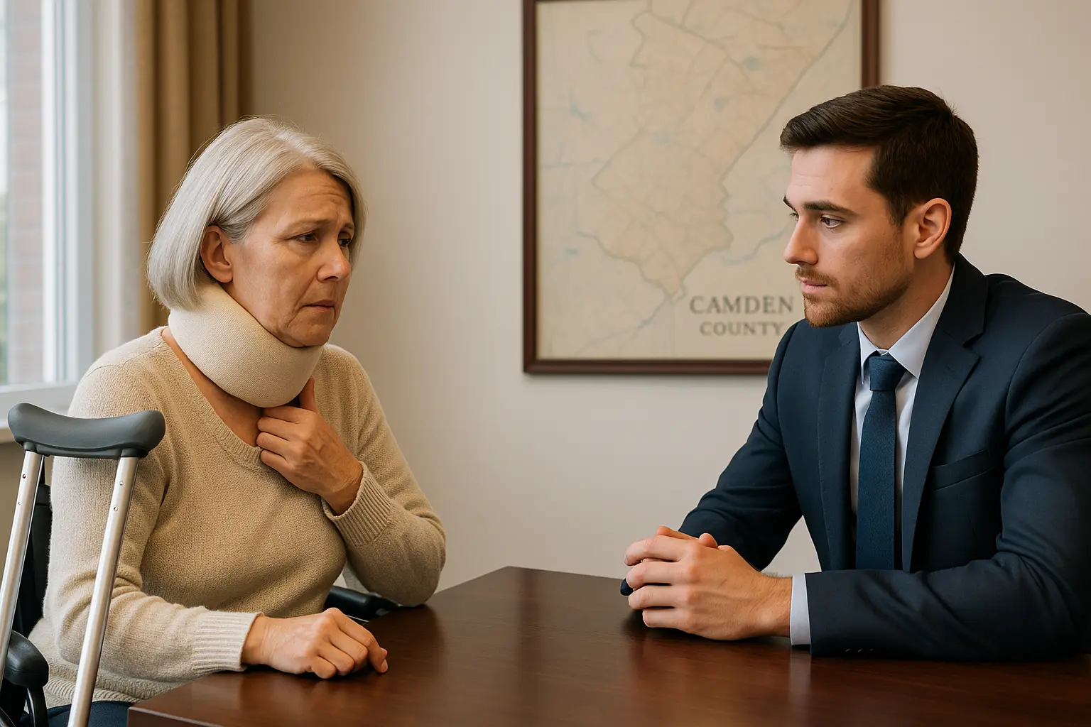 younger personal injury lawyer with elder injured woman sitting in Camden NJ office