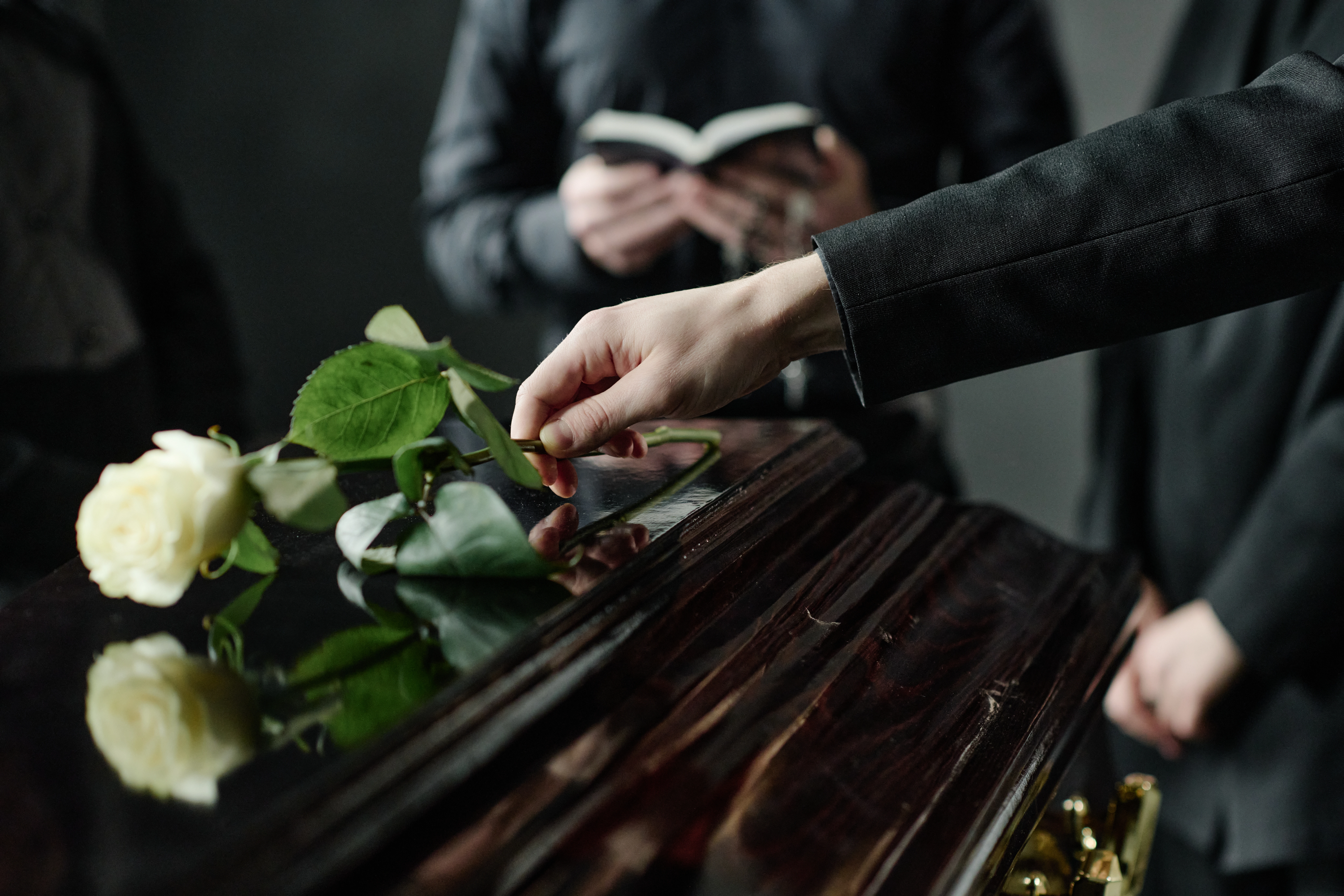caucasian woman placing rose on coffin during funeral